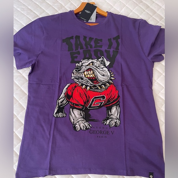 Avenue George V Paris Men's purple T-Shirt Crystal rhinestone bulldog fitted tee - Picture 2 of 8